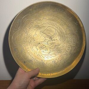 Solid, brass hand, carved bowl decorative plate very heavy, good quality vintage